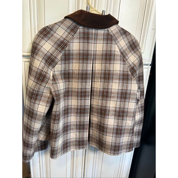Zara Women's Plaid Full Zip Velvet Collar Cropped Cape Jacket Brown XS NWT - Picture 8 of 8